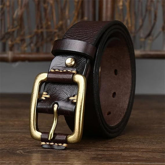 Genuine leather vintage belt 3.8 cm wide brass buckle