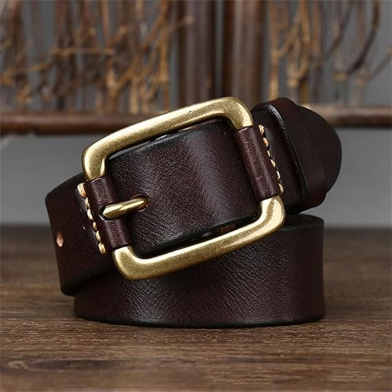 Genuine leather vintage belt 3.8 cm wide brass buckle