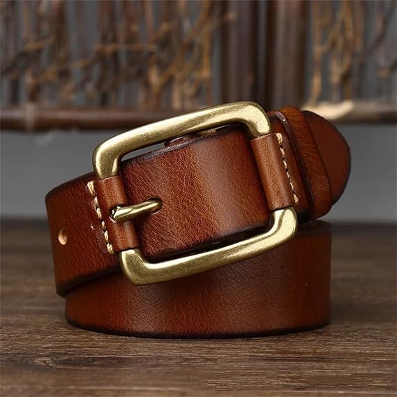 Genuine leather vintage belt 3.8 cm wide brass buckle