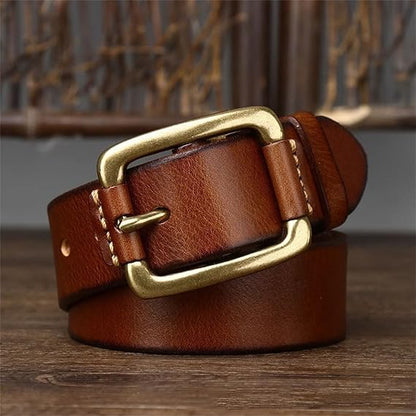 Genuine leather vintage belt 3.8 cm wide brass buckle