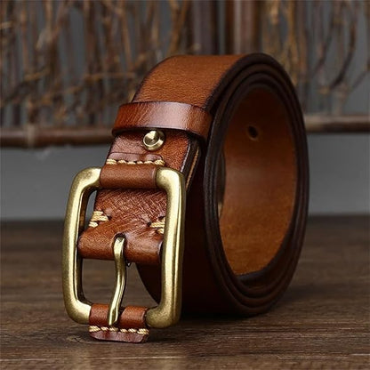 Genuine leather vintage belt 3.8 cm wide brass buckle