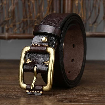 Genuine leather vintage belt 3.8 cm wide brass buckle