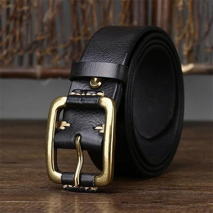 Genuine leather vintage belt 3.8 cm wide brass buckle