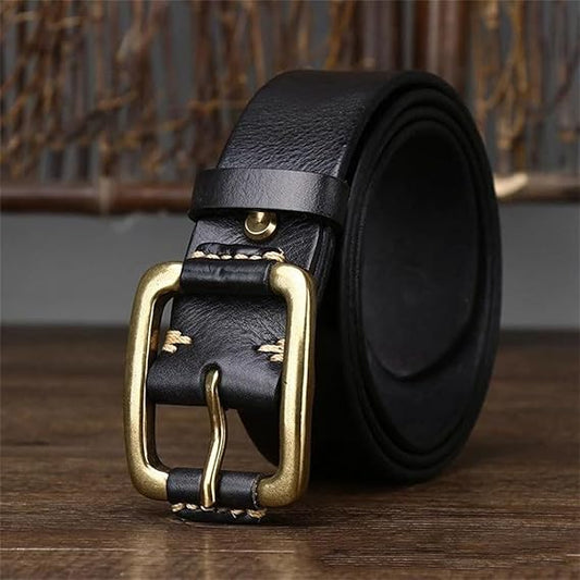 Genuine leather vintage belt 3.8 cm wide brass buckle