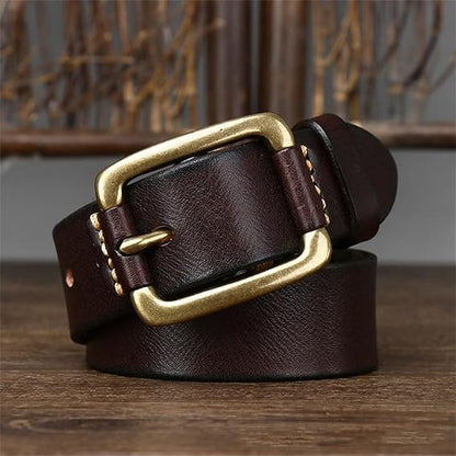 Genuine leather vintage belt 3.8 cm wide brass buckle