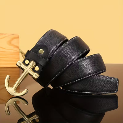Premium Men's Genuine Leather Belt - Elegant Smooth Buckle, Black Cowhide with Golden-Toned Cross Design, 1.5inch Width, Large Size - Perfect for Business & Casual Wear