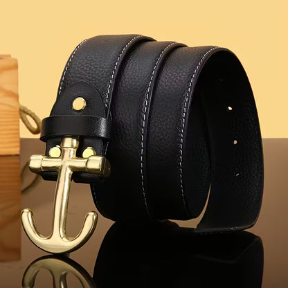 Premium Men's Genuine Leather Belt - Elegant Smooth Buckle, Black Cowhide with Golden-Toned Cross Design, 1.5inch Width, Large Size - Perfect for Business & Casual Wear