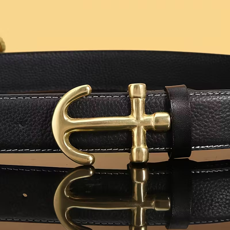 Premium Men's Genuine Leather Belt - Elegant Smooth Buckle, Black Cowhide with Golden-Toned Cross Design, 1.5inch Width, Large Size - Perfect for Business & Casual Wear